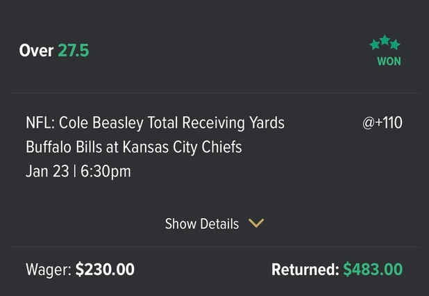 Cole Beasley Receiving Yards Winning Bet